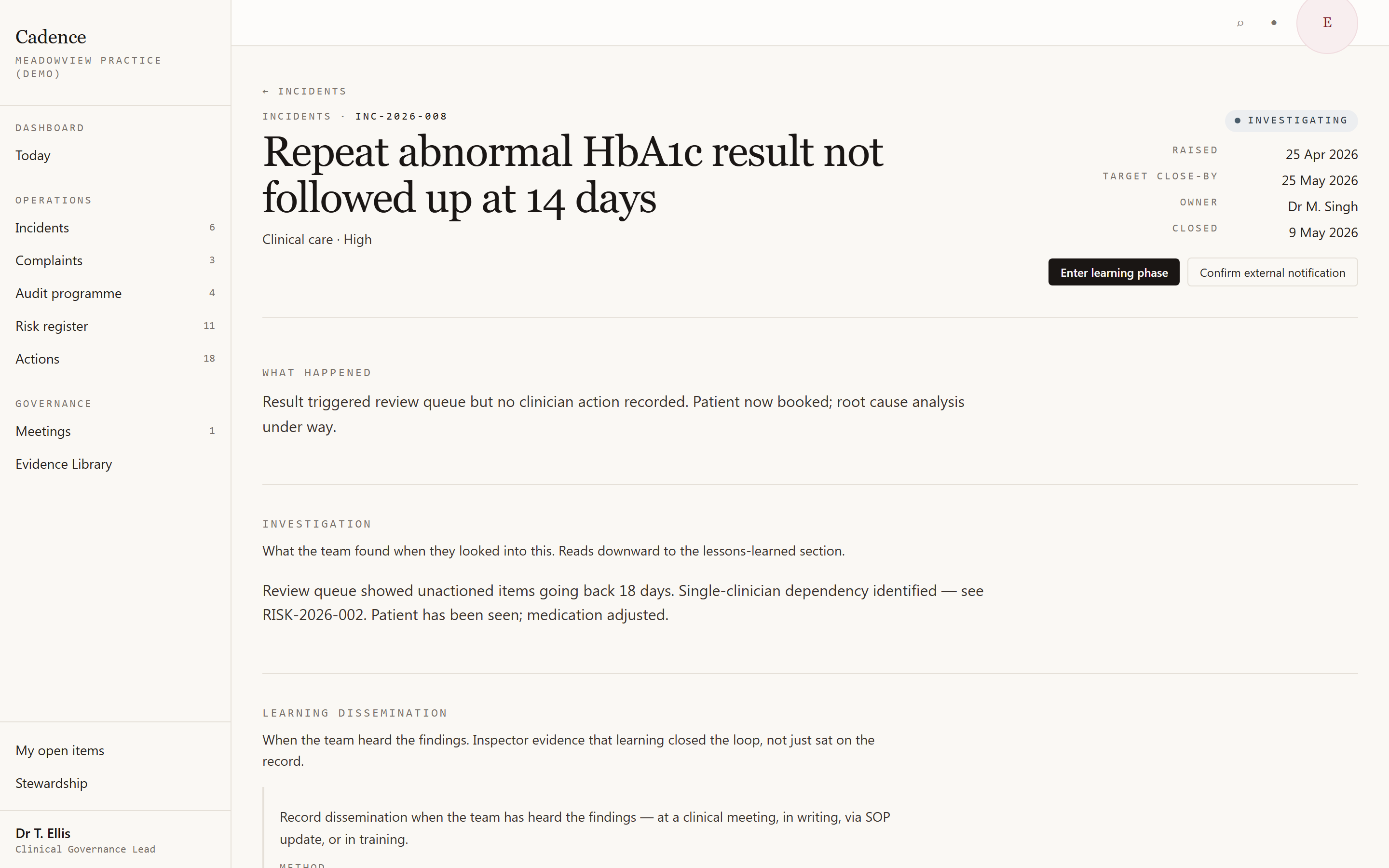 Cadence incident detail for INC-2026-008 — a repeat abnormal HbA1c result not followed up at 14 days. Clinical-care theme, high severity, patient-safety flagged, root-cause analysis under way.