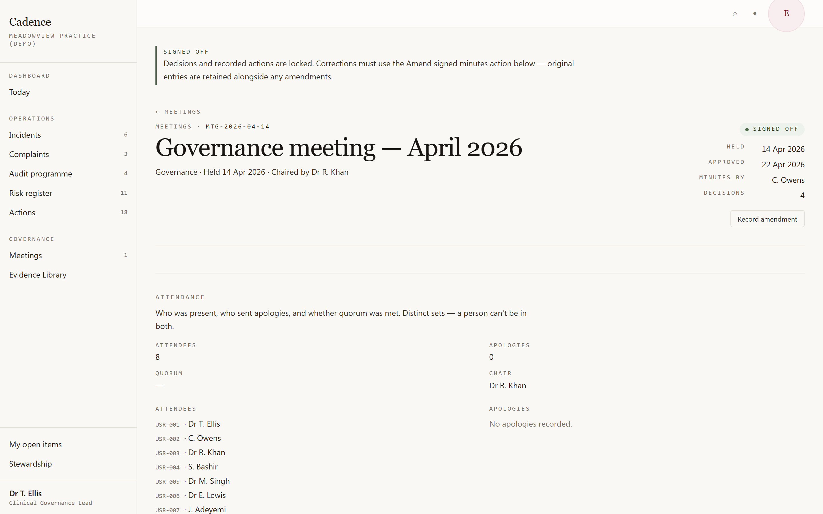 Cadence governance meeting for MTG-2026-04-14 — four decisions, each linked to the incidents, risks, or policies that drove them, with rationale captured per decision so future readers can re-litigate or honour them without context loss.