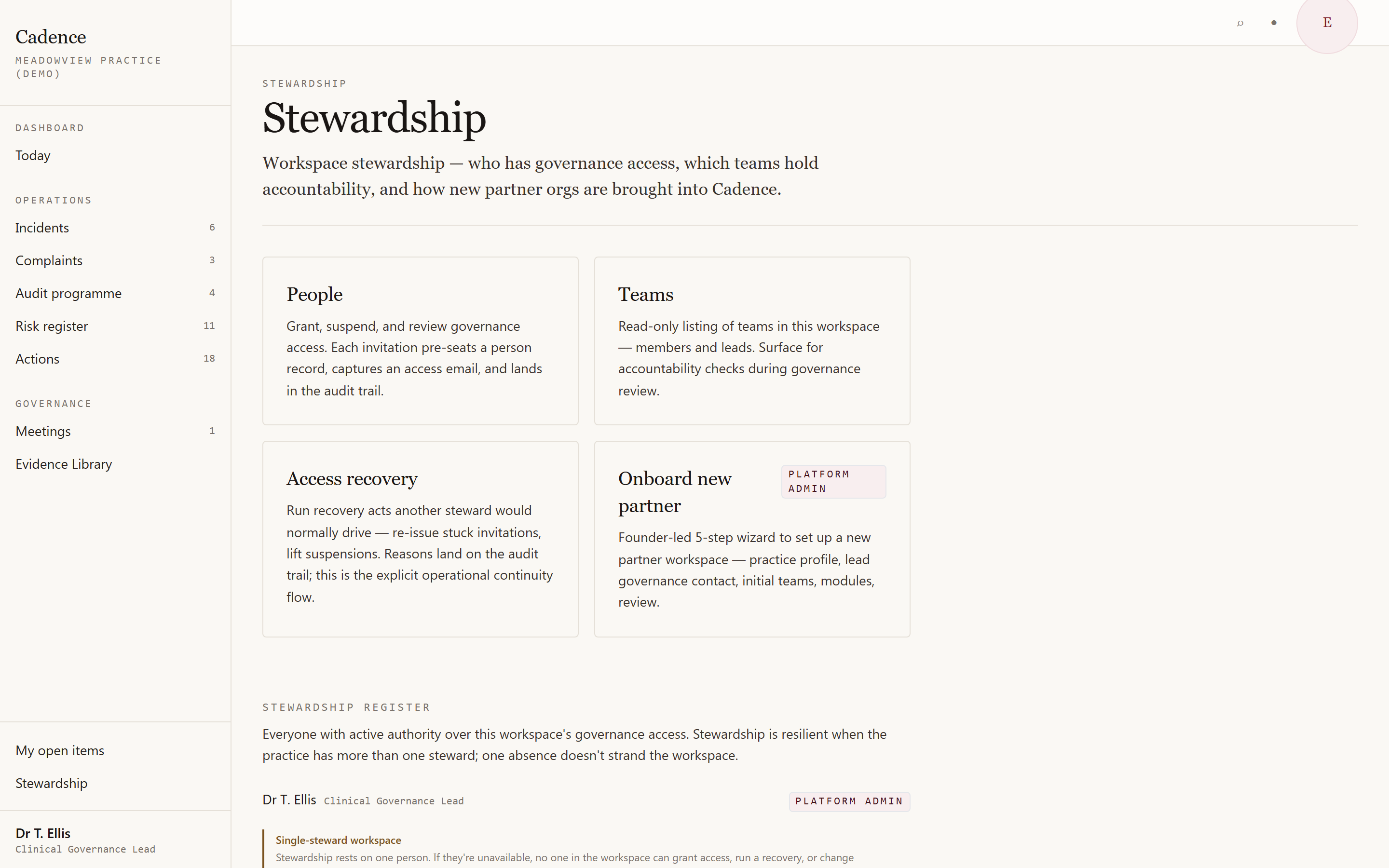 Cadence stewardship surface — workspace stewardship register naming who has governance access, with a flagged warning that the workspace is currently single-stewarded (a single absence would block access changes, recoveries, and policy approvals).